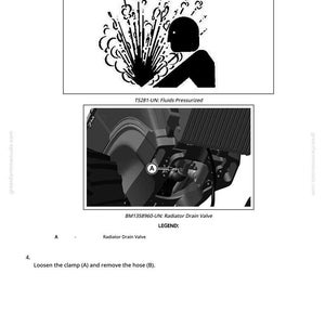 Puede incluir: Diagrama en blanco y negro con un s&iacute;mbolo de advertencia de una persona y una explosi&oacute;n, etiquetado como "Fluidos a presi&oacute;n". Debajo, una imagen detallada de una v&aacute;lvula de drenaje del radiador.