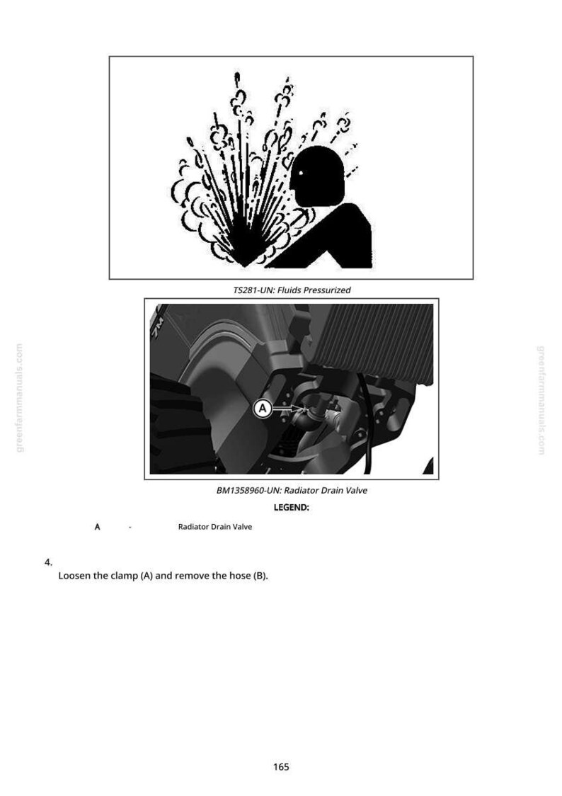 Puede incluir: Diagrama en blanco y negro con un s&iacute;mbolo de advertencia de una persona y una explosi&oacute;n, etiquetado como "Fluidos a presi&oacute;n". Debajo, una imagen detallada de una v&aacute;lvula de drenaje del radiador.