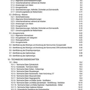 May include: A detailed table of contents from a technical manual, featuring sections on engine components, technical specifications, and safety guidelines. The document is in German and includes page numbers for easy navigation.