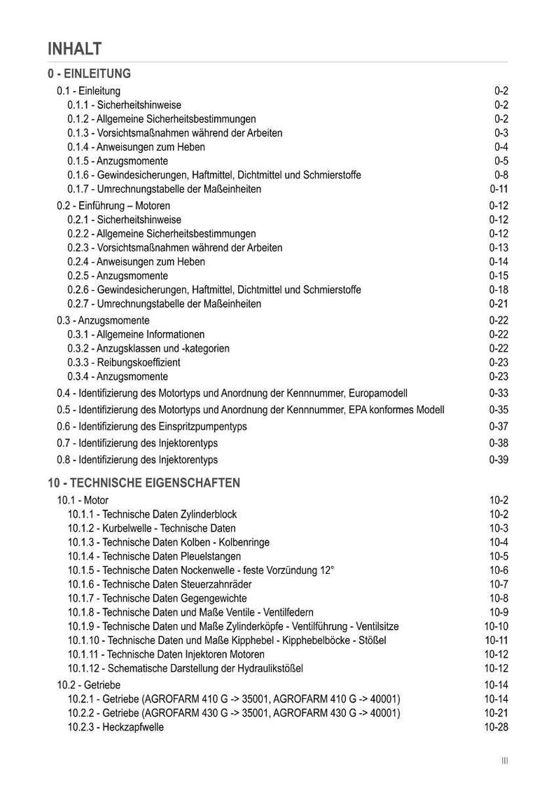 May include: A detailed table of contents from a technical manual, featuring sections on engine components, technical specifications, and safety guidelines. The document is in German and includes page numbers for easy navigation.
