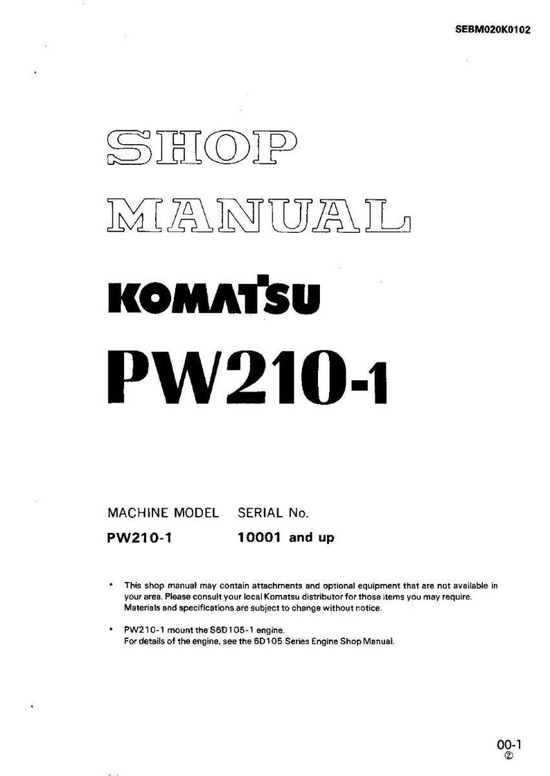 May include: A white shop manual with the text "SHOP MANUAL" and "KOMATSU PW210-1" in bold black font. The manual includes the machine model PW210-1 and serial number 10001 and up. The manual is for the S6D105-1 engine.