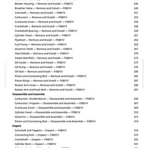 May include: A page from a manual with a table of contents for engine repair. The text includes sections for removing, installing, disassembling, assembling, and inspecting engine components, such as the carburetor and crankshaft.