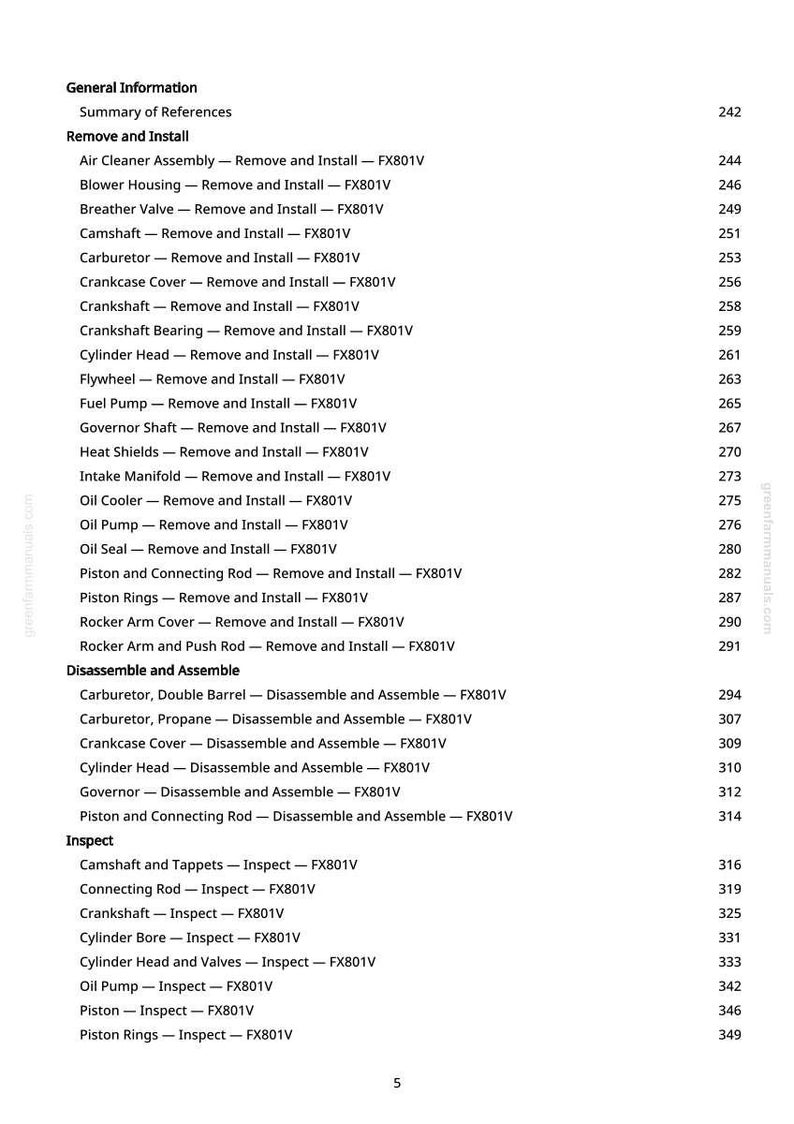 May include: A page from a manual with a table of contents for engine repair. The text includes sections for removing, installing, disassembling, assembling, and inspecting engine components, such as the carburetor and crankshaft.