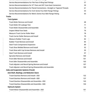 Puede incluir: Una p&aacute;gina de manual con un &iacute;ndice detallado. Las secciones incluyen "Track System", "Axles and Suspension Systems" e "Hydraulic System". El n&uacute;mero de p&aacute;gina es visible en la parte inferior.
