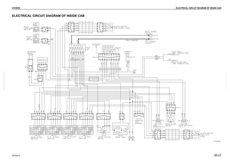 May include: A detailed electrical circuit diagram of the inside cab, featuring numerous lines, symbols, and labels. The diagram includes text such as "Electrical Circuit Diagram of Inside Cab" and "Others". The image is in black and white.