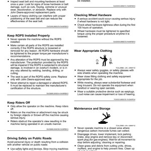 May include: A printed page with safety instructions, including guidelines for seat belts, ROPS installation, and driving on public roads. The text is in black font on a white background, with illustrations of safety equipment.