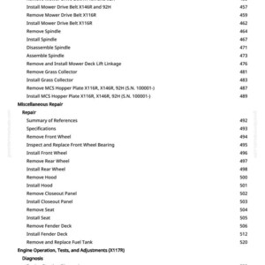 May include: A page from a manual with a list of mower repair procedures, including blade sharpening, belt replacement, spindle work, and wheel maintenance. The text is black on a white background, with page numbers on the right.
