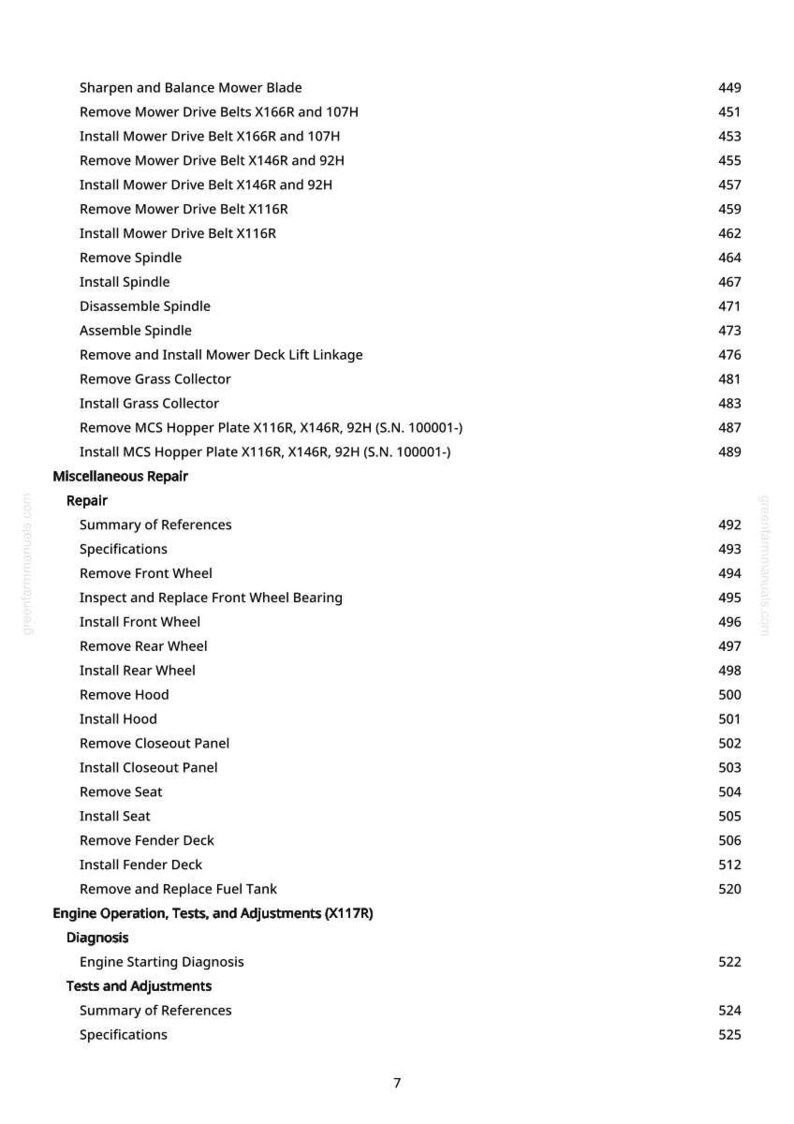 May include: A page from a manual with a list of mower repair procedures, including blade sharpening, belt replacement, spindle work, and wheel maintenance. The text is black on a white background, with page numbers on the right.