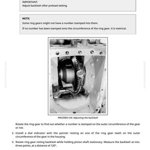 K&ouml;nnte beinhalten: Technisches Diagramm mit dem Titel "Differential - Einstellen des Spiels". Das Bild zeigt Zahnr&auml;der und interne mechanische Komponenten. Der Text enth&auml;lt Anweisungen zum Einstellen des Spiels nach der Voreinstellung.