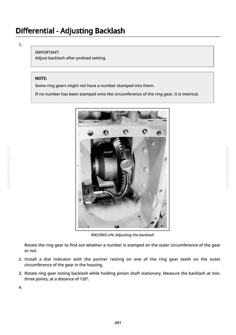 K&ouml;nnte beinhalten: Technisches Diagramm mit dem Titel "Differential - Einstellen des Spiels". Das Bild zeigt Zahnr&auml;der und interne mechanische Komponenten. Der Text enth&auml;lt Anweisungen zum Einstellen des Spiels nach der Voreinstellung.