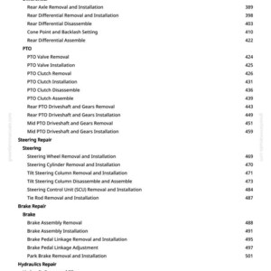 May include: A page from a manual with a list of automotive repair procedures, including differential, PTO, steering, and brake repair. The text is black on a white background, with page numbers on the right.