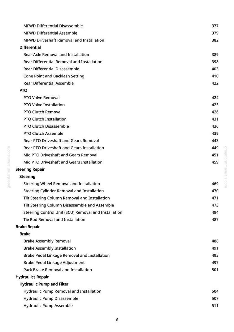 May include: A page from a manual with a list of automotive repair procedures, including differential, PTO, steering, and brake repair. The text is black on a white background, with page numbers on the right.