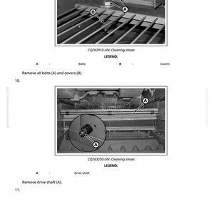 Op de afbeelding: Diagram met stappen voor het reinigen van schoenen. De afbeelding bevat close-ups van machineonderdelen, met labels die bouten, afdekkingen en een aandrijfas aangeven. Er zijn ook tekstinstructies opgenomen.