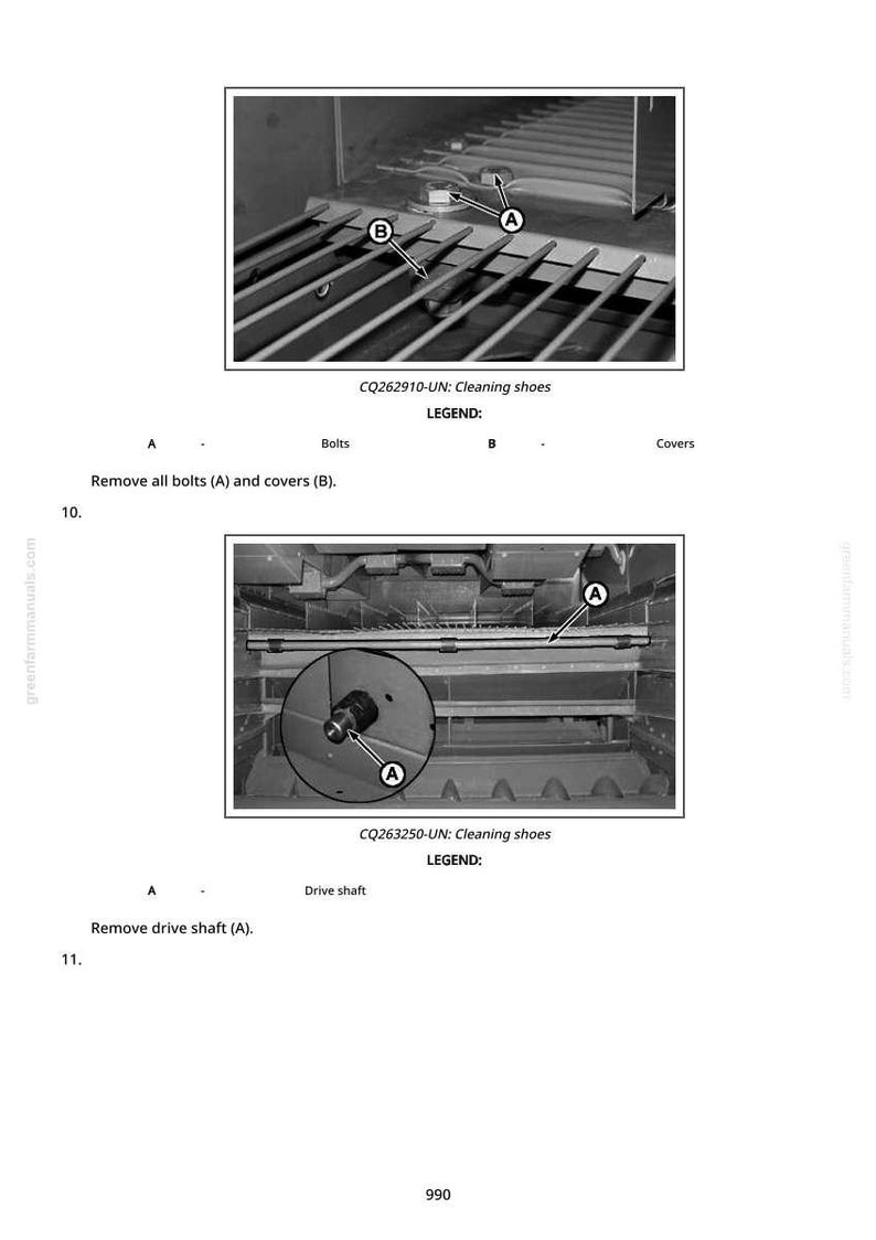 Op de afbeelding: Diagram met stappen voor het reinigen van schoenen. De afbeelding bevat close-ups van machineonderdelen, met labels die bouten, afdekkingen en een aandrijfas aangeven. Er zijn ook tekstinstructies opgenomen.