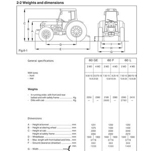 May include: Diagram of a tractor with technical specifications. The image includes dimensions in millimeters, such as height at bonnet (1231 mm), wheelbase (1940 mm), and width (1680 mm). The diagram also shows weights in kilograms.