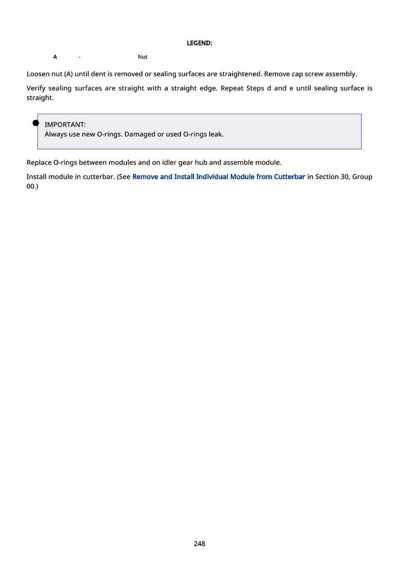 May include: White page with text instructions and a legend for mechanical assembly. The text includes steps for loosening a nut, straightening surfaces, and replacing O-rings. The word "IMPORTANT" is highlighted.