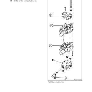 May include: Diagram of a hydraulic system with an exploded view of components. Includes a cut-off plug, valves for the bucket and boom, and an outlet for auxiliary hydraulics. Labeled with numbers and text for identification.