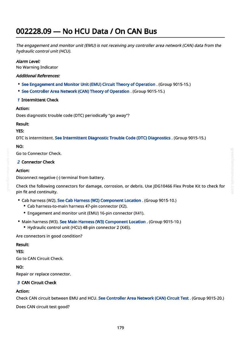 Op de afbeelding: Een pagina uit een handleiding met de titel "002228.09 - No HCU Data / On CAN Bus". De tekst beschrijft stappen voor probleemoplossing voor de hydraulische regeleenheid van een voertuig, inclusief connectorcontroles en circuit tests.