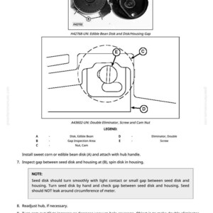 May include: Diagram of agricultural equipment parts, including a disk, housing, and cam nut. The image includes labels and instructions for assembly and adjustment. Text includes "Edible Bean Disk" and "Double Eliminator".