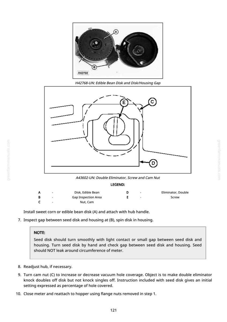 May include: Diagram of agricultural equipment parts, including a disk, housing, and cam nut. The image includes labels and instructions for assembly and adjustment. Text includes "Edible Bean Disk" and "Double Eliminator".