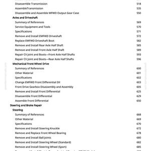 May include: A page from a greenfarmmanuals.com manual, listing automotive repair procedures. Topics include transmission, axles, driveshaft, and steering repair. Page numbers are visible.