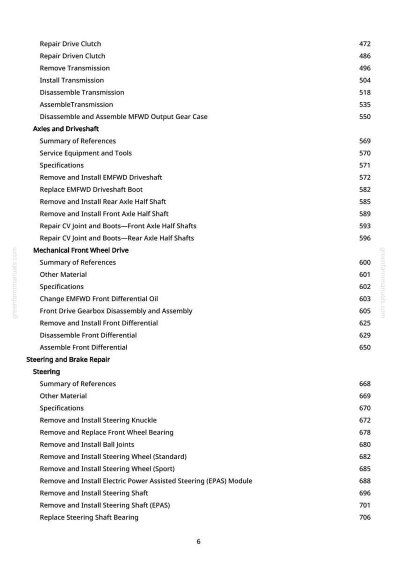 May include: A page from a greenfarmmanuals.com manual, listing automotive repair procedures. Topics include transmission, axles, driveshaft, and steering repair. Page numbers are visible.