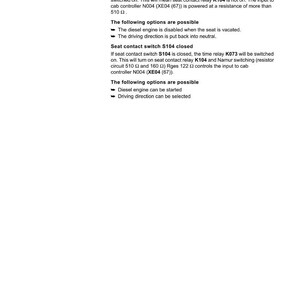 Peut inclure: Un sch&eacute;ma technique de Kramer, intitul&eacute; "9 Electrics". Le texte d&eacute;crit le fonctionnement de l'interrupteur de contact de si&egrave;ge S104, du relais temporis&eacute; K073 et du contr&ocirc;leur de cabine N004, y compris la r&eacute;sistance &eacute;lectrique et les options possibles.