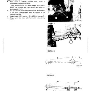 May include: Diagram from a manual showing toe-in adjustment procedures for a GD700-4 series vehicle. The image includes detailed illustrations of tie-rod adjustments, with labels and arrows indicating the process. Text explains the steps for adjusting the toe-in.