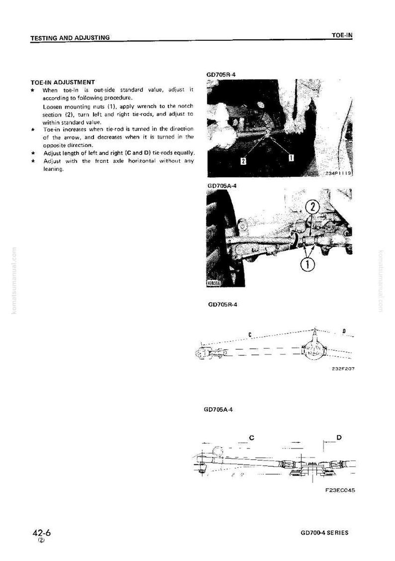 May include: Diagram from a manual showing toe-in adjustment procedures for a GD700-4 series vehicle. The image includes detailed illustrations of tie-rod adjustments, with labels and arrows indicating the process. Text explains the steps for adjusting the toe-in.
