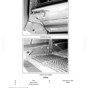 May include: Diagram illustrating the removal and installation of a chaffer. The image shows close-up views of the door, bolts, and chaffer extension. Text labels identify parts A, B, C, D, and E, with a legend explaining each component. The diagram is in black and white.
