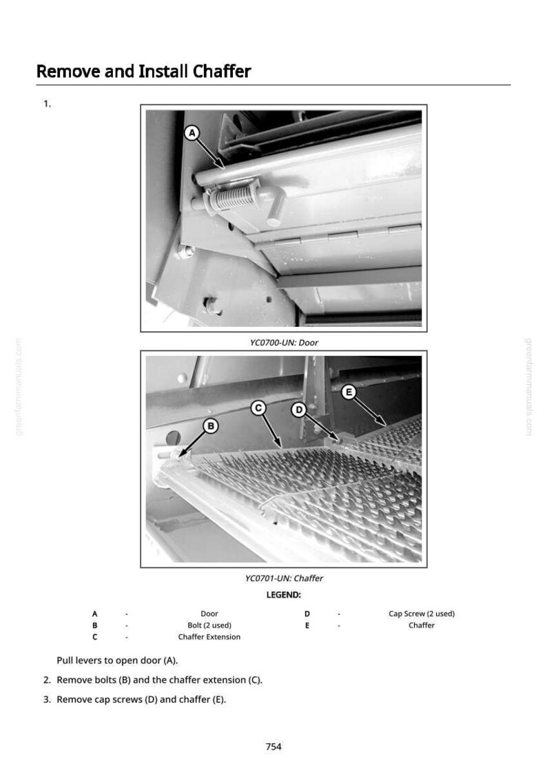 May include: Diagram illustrating the removal and installation of a chaffer. The image shows close-up views of the door, bolts, and chaffer extension. Text labels identify parts A, B, C, D, and E, with a legend explaining each component. The diagram is in black and white.