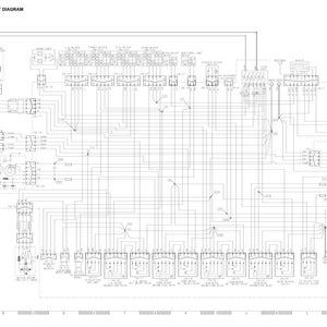 Pode incluir: Um diagrama de circuito el&eacute;trico detalhado rotulado como "CAB ELECTRICAL CIRCUIT DIAGRAM". O diagrama &eacute; complexo, com numerosos componentes e fia&ccedil;&atilde;o, tudo em preto e branco. O layout inclui v&aacute;rios conectores, rel&eacute;s e outros elementos el&eacute;tricos.
