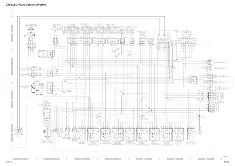 Pode incluir: Um diagrama de circuito el&eacute;trico detalhado rotulado como "CAB ELECTRICAL CIRCUIT DIAGRAM". O diagrama &eacute; complexo, com numerosos componentes e fia&ccedil;&atilde;o, tudo em preto e branco. O layout inclui v&aacute;rios conectores, rel&eacute;s e outros elementos el&eacute;tricos.