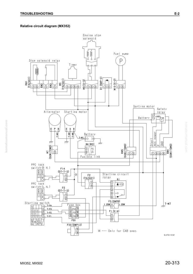 Puede incluir: Un diagrama de circuito el&eacute;ctrico detallado para la soluci&oacute;n de problemas, etiquetado MX352, con componentes como rel&eacute;s, fusibles y un motor de arranque. El diagrama incluye texto y s&iacute;mbolos para varias conexiones el&eacute;ctricas.