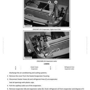 May include: Diagram of an evaporator and expansion valve removal and installation. The image shows close-up views of the components with labels and arrows. Text includes instructions and a legend for the parts.