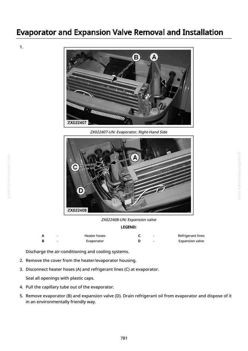 May include: Diagram of an evaporator and expansion valve removal and installation. The image shows close-up views of the components with labels and arrows. Text includes instructions and a legend for the parts.