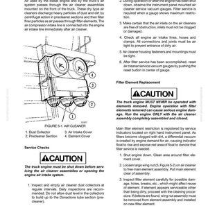 May include: Diagram of an air cleaner assembly with labels for dust collector, precleaner section, air intake cover, and element cover. Text provides instructions for servicing and filter replacement, with a caution about engine operation.
