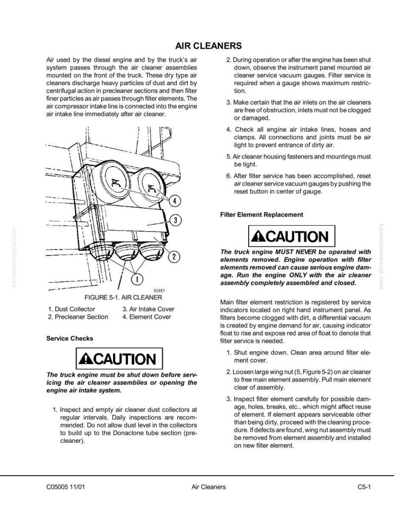 May include: Diagram of an air cleaner assembly with labels for dust collector, precleaner section, air intake cover, and element cover. Text provides instructions for servicing and filter replacement, with a caution about engine operation.