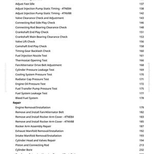 May include: A white page with a list of automotive tests and adjustments, including cylinder compression, valve clearance, and fuel injection tests. Page numbers are listed on the right.