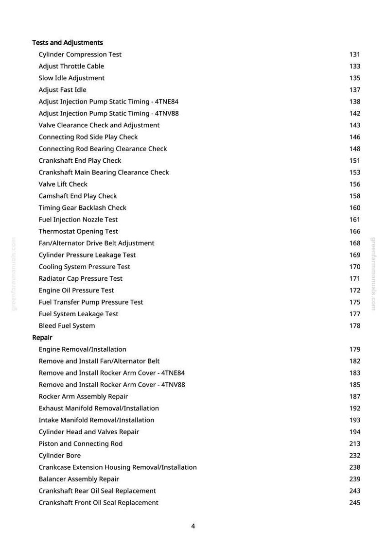 May include: A white page with a list of automotive tests and adjustments, including cylinder compression, valve clearance, and fuel injection tests. Page numbers are listed on the right.