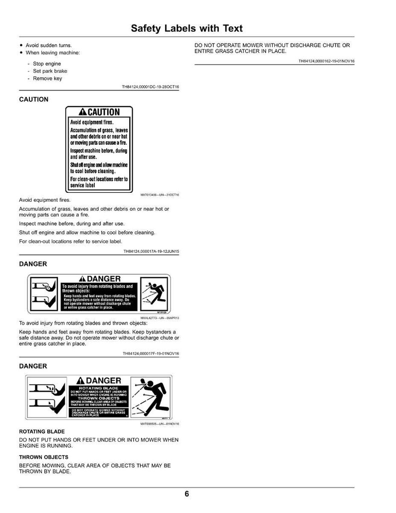 Peut inclure: Une page d'&eacute;tiquettes de s&eacute;curit&eacute; avec du texte, comprenant des avertissements concernant le fonctionnement de la tondeuse. Les &eacute;tiquettes comportent les mots "ATTENTION" et "DANGER" avec des illustrations et des instructions. Le texte met en garde contre les risques d'incendie et les objets projet&eacute;s.