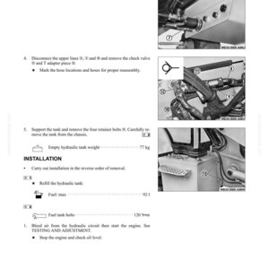 May include: Technical diagram with instructions for removing and installing components. The image shows detailed illustrations of hoses, lines, and a tank, with labels and arrows pointing to specific parts. Text includes steps for disassembly and reassembly.
