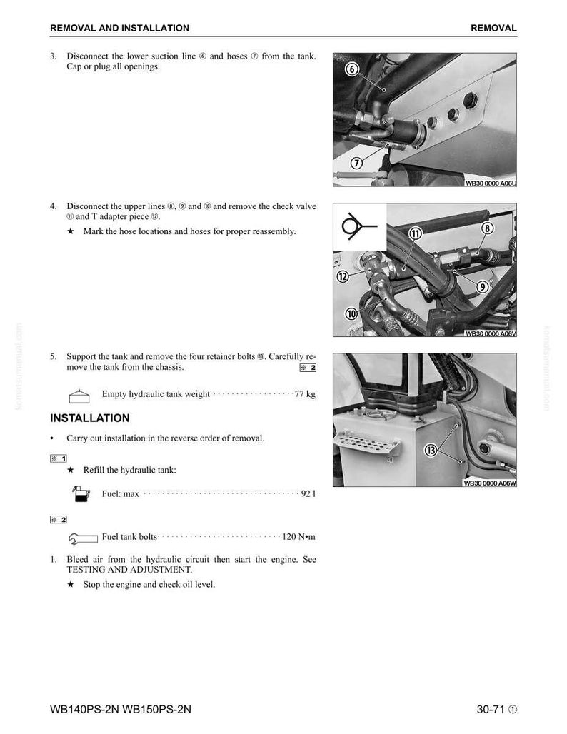 May include: Technical diagram with instructions for removing and installing components. The image shows detailed illustrations of hoses, lines, and a tank, with labels and arrows pointing to specific parts. Text includes steps for disassembly and reassembly.