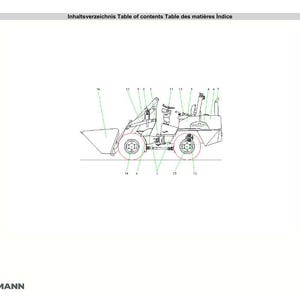 K&ouml;nnte beinhalten: Strichzeichnung eines Weidemann 1350 Kompakt-Radladers mit nummerierten Teilen. Das Bild enth&auml;lt das Weidemann-Logo und den Text "Inhaltsverzeichnis Table of contents Table des mati&egrave;res Indice".