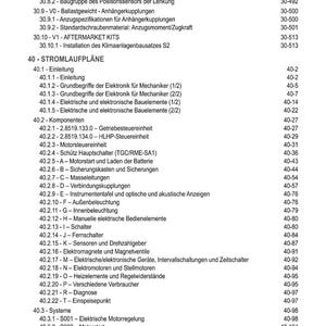 K&ouml;nnte beinhalten: Ein detailliertes Inhaltsverzeichnis aus einem technischen Handbuch, das verschiedene elektrische und mechanische Systeme von Kraftfahrzeugen auflistet. Das Dokument enth&auml;lt Abschnitte zu Stromlaufpl&auml;nen, elektrischen Komponenten und Systemkomponenten.