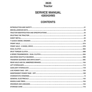 Puede incluir: Manual de servicio para un tractor Massey Ferguson 2635. La portada muestra el logotipo de Massey Ferguson, el modelo del tractor y los detalles del manual. La secci&oacute;n de contenidos enumera temas como hidr&aacute;ulica y ejes.