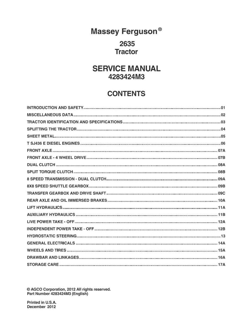 Puede incluir: Manual de servicio para un tractor Massey Ferguson 2635. La portada muestra el logotipo de Massey Ferguson, el modelo del tractor y los detalles del manual. La secci&oacute;n de contenidos enumera temas como hidr&aacute;ulica y ejes.