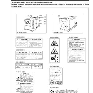 May include: Diagram of safety decals for a generator, including warnings about hot surfaces, flammable fuel, and potential injury. The decals feature caution symbols and text in English and French.
