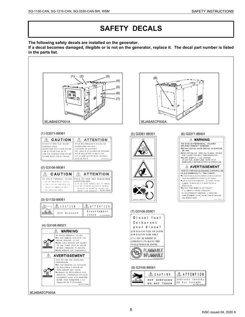 May include: Diagram of safety decals for a generator, including warnings about hot surfaces, flammable fuel, and potential injury. The decals feature caution symbols and text in English and French.