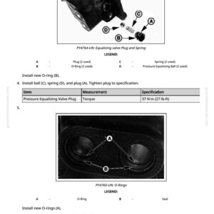 May include: Diagram of an equalizing valve plug and spring assembly, with labels for components like plugs, O-rings, and a spring. Includes a table specifying torque at 27 lb-ft. Also shows O-rings and seals.